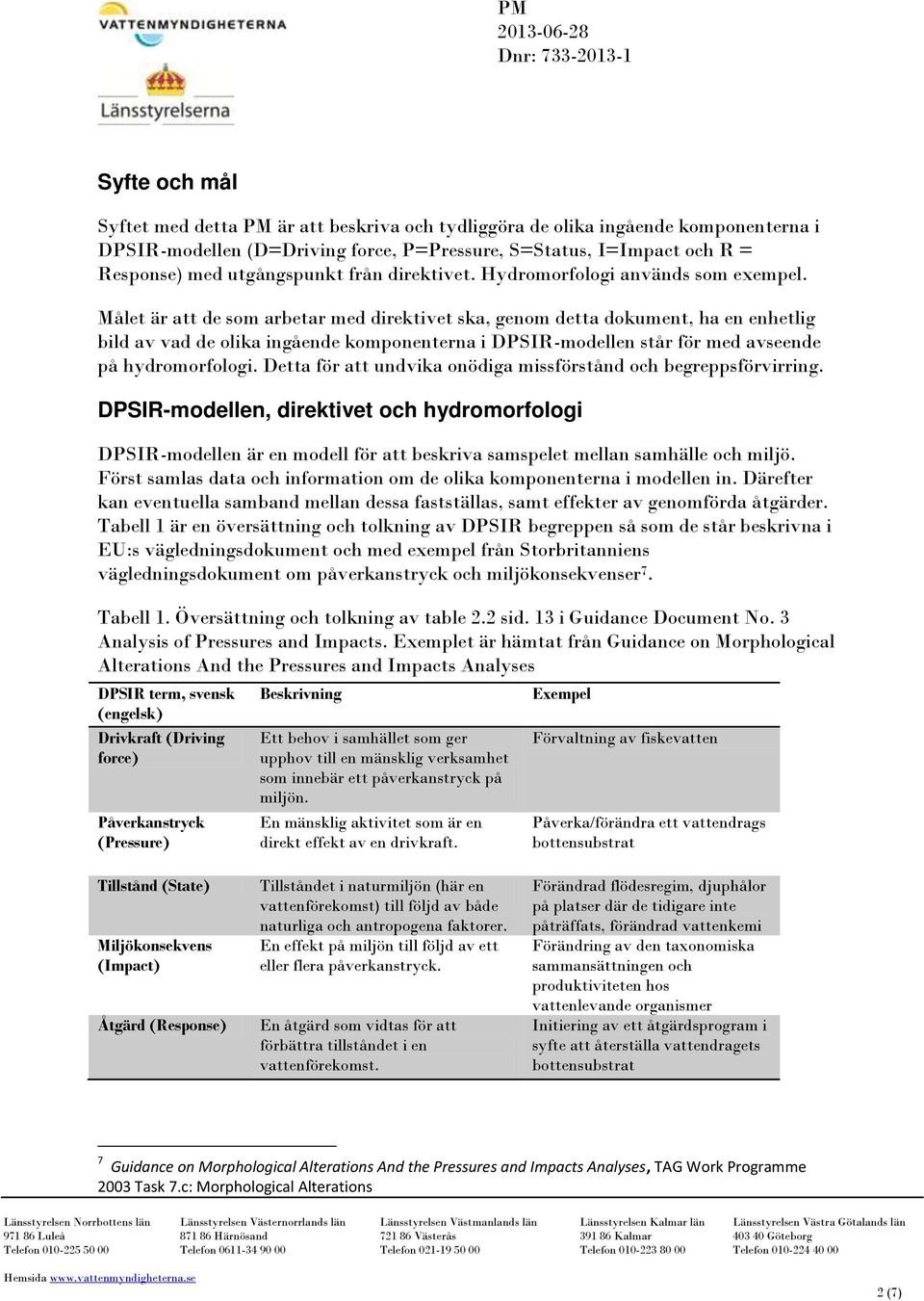 Målet är att de som arbetar med direktivet ska, genom detta dokument, ha en enhetlig bild av vad de olika ingående komponenterna i DPSIR-modellen står för med avseende på hydromorfologi.