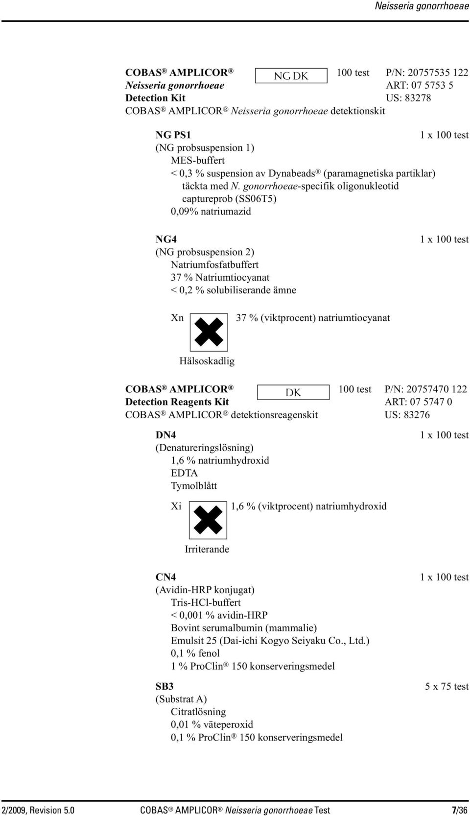 gonorrhoeae-specifik oligonukleotid captureprob (SS06T5) 0,09% natriumazid NG4 (NG probsuspension 2) Natriumfosfatbuffert 37 % Natriumtiocyanat < 0,2 % solubiliserande ämne 1 x 100 test + Xn 37 %