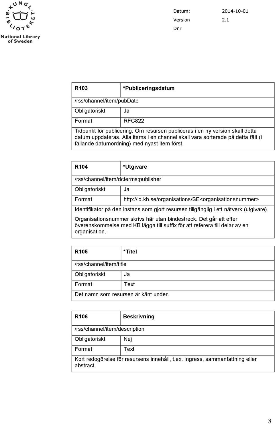 se/organisations/se<organisationsnummer> Identifikator på den instans som gjort resursen tillgänglig i ett nätverk (utgivare). Organisationsnummer skrivs här utan bindestreck.