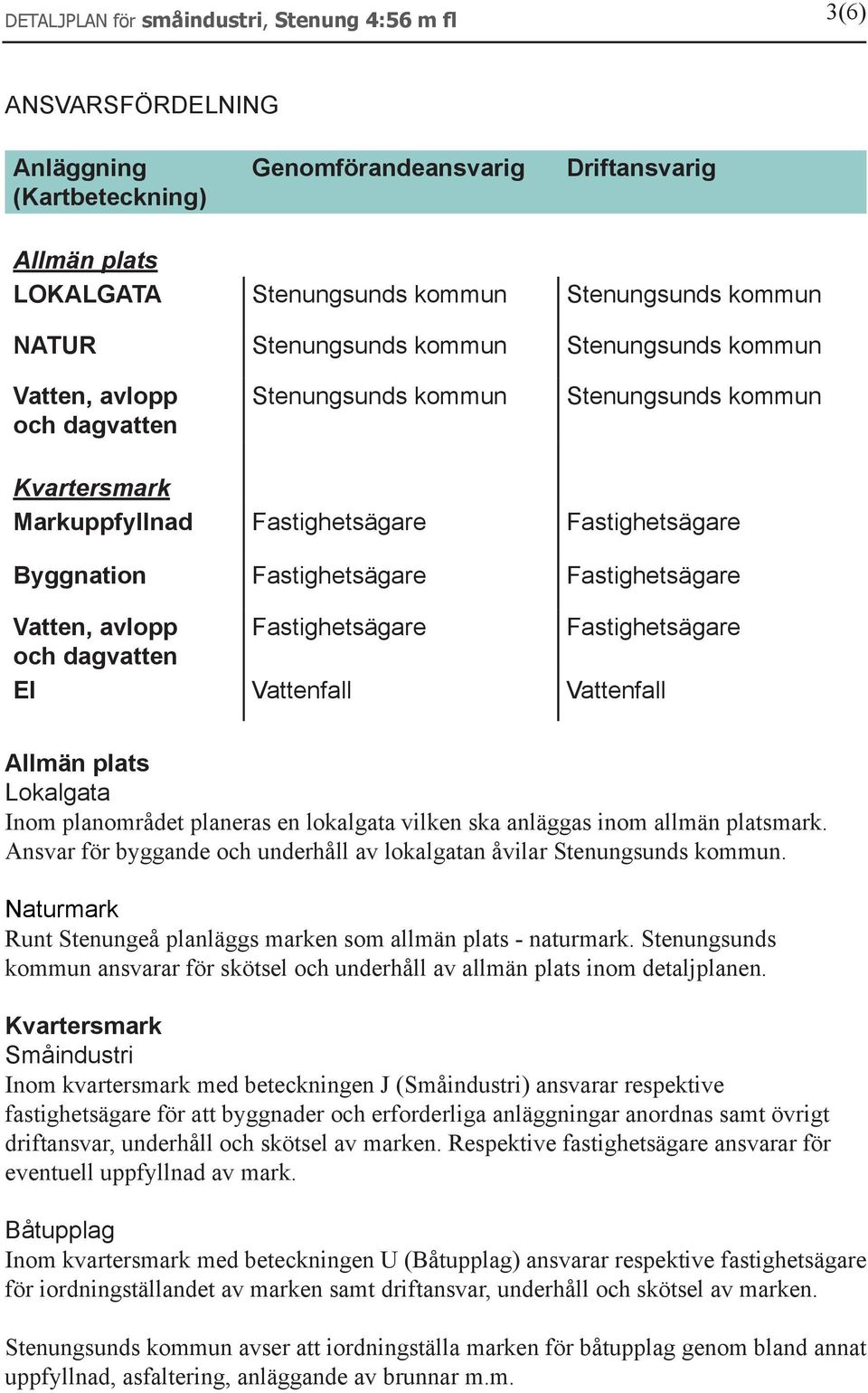 plats Lokalgata Inom planområdet planeras en lokalgata vilken ska anläggas inom allmän platsmark. Ansvar för byggande och underhåll av lokalgatan åvilar.