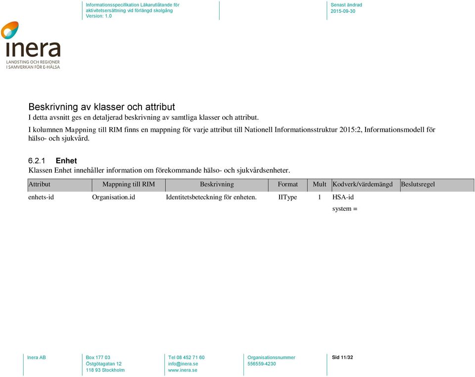 enhets-id Organisation.id Identitetsbeteckning för enheten. IIType 1 HSA-id arbetsplatskod ingen Arbetsplatskod för enheten system = 1.2.752.129.2.1.4.1 value = HSA-id enhetsnamn Organisation.