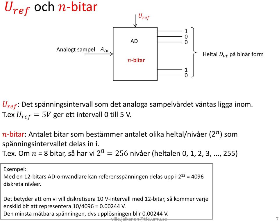 .., 255) Exempel: Med en 2-bitars AD-omvandlare kan referensspänningen delas upp i 2 2 = 496 diskreta nivåer.