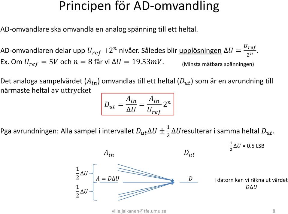 Det analoga sampelvärdet (A in ) omvandlas till ett heltal (D ut ) som är en avrundning till närmaste heltal av uttrycket D ut = A in U = A in U ref