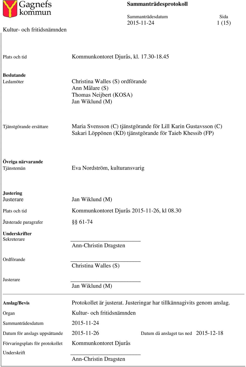 Sakari Löppönen (KD) tjänstgörande för Taieb Khessib (FP) Övriga närvarande Tjänstemän Eva Nordström, kulturansvarig Justering Jan Wiklund (M) Plats och tid Kommunkontoret Djurås 2015-11-26, kl 08.