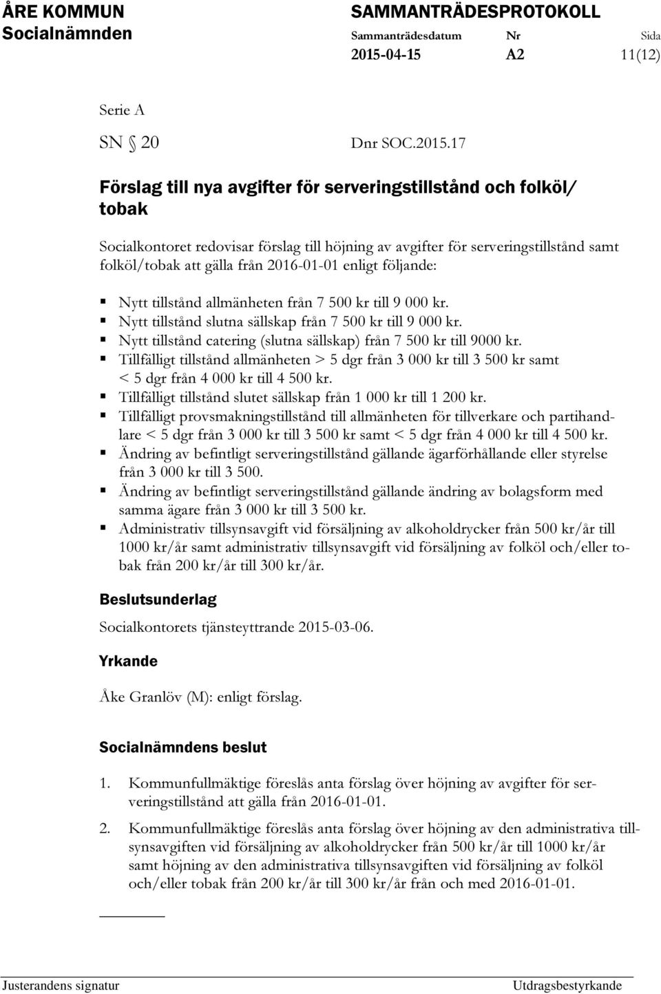 Nytt tillstånd catering (slutna sällskap) från 7 500 kr till 9000 kr. Tillfälligt tillstånd allmänheten > 5 dgr från 3 000 kr till 3 500 kr samt < 5 dgr från 4 000 kr till 4 500 kr.