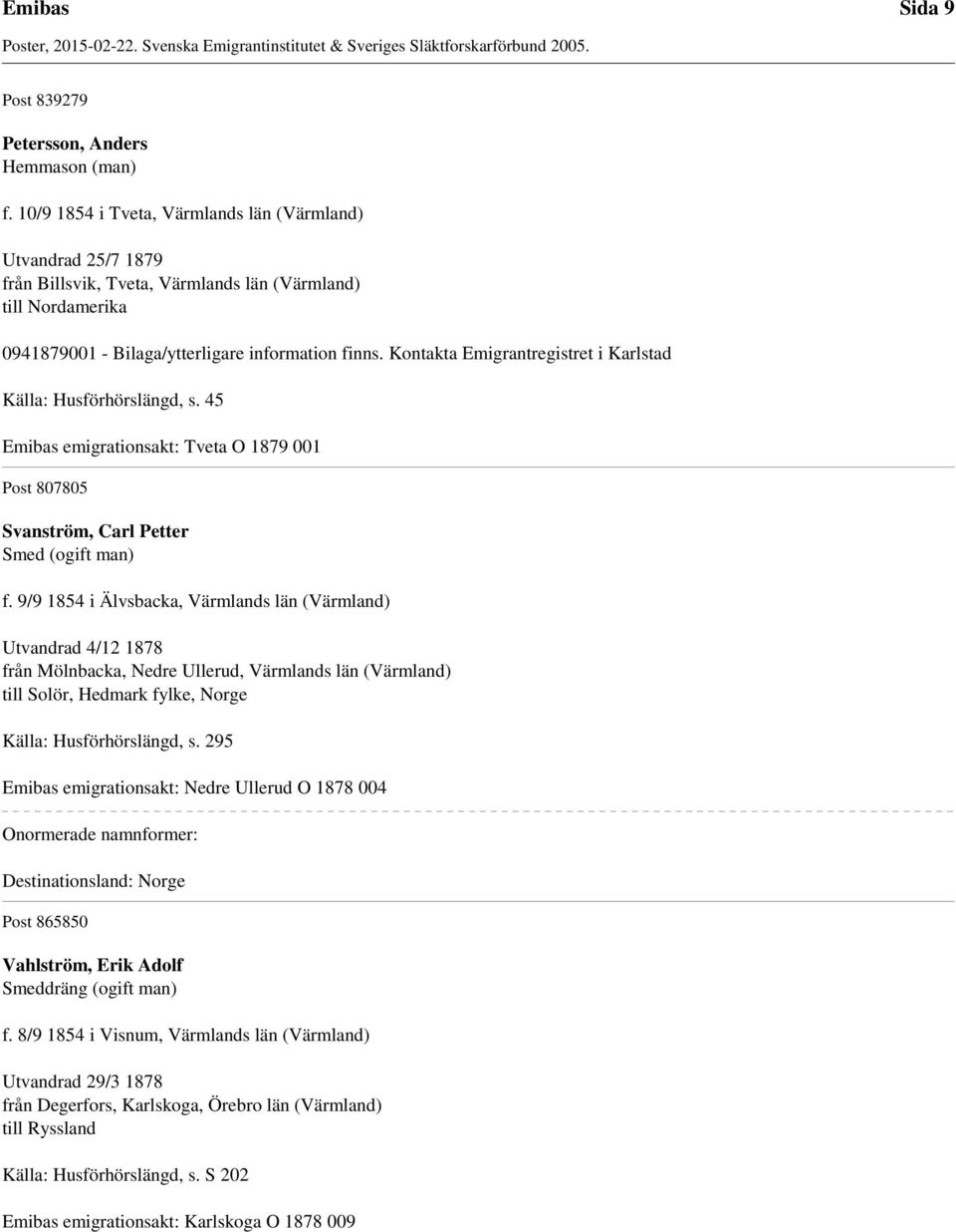 Kontakta Emigrantregistret i Karlstad Källa: Husförhörslängd, s. 45 Emibas emigrationsakt: Tveta O 1879 001 Post 807805 Svanström, Carl Petter Smed (ogift man) f.