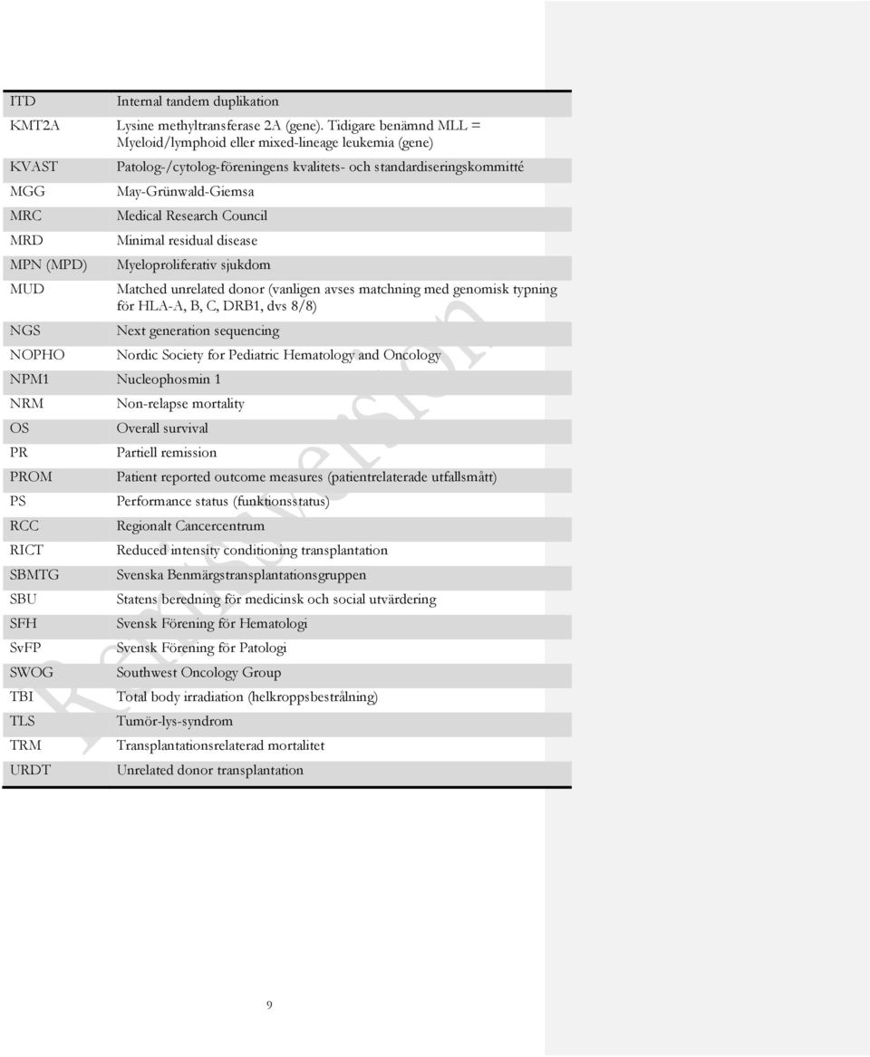 May-Grünwald-Giemsa Medical Research Council Minimal residual disease Myeloproliferativ sjukdom Matched unrelated donor (vanligen avses matchning med genomisk typning för HLA-A, B, C, DRB1, dvs 8/8)