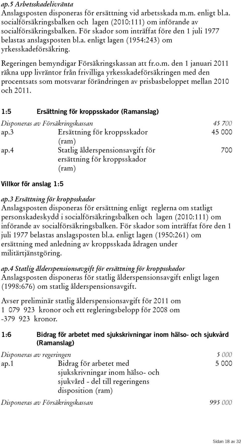 1:5 Ersättning för kroppsskador (Ramanslag) Disponeras av Försäkringskassan 45 700 ap.3 Ersättning för kroppsskador 45000 (ram) ap.