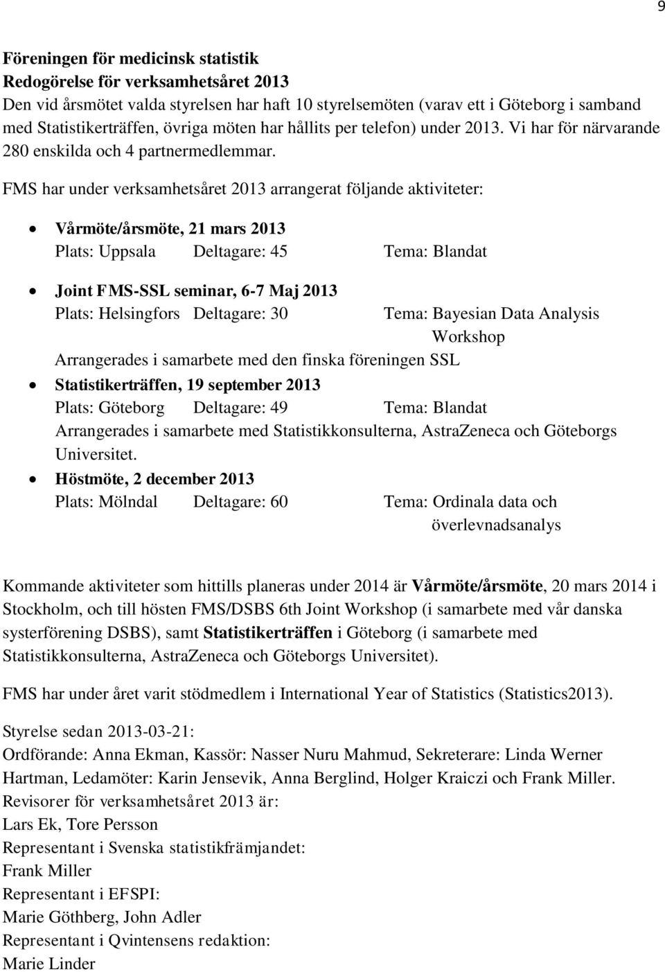 FMS har under verksamhetsåret 2013 arrangerat följande aktiviteter: Vårmöte/årsmöte, 21 mars 2013 Plats: Uppsala Deltagare: 45 Tema: Blandat Joint FMS-SSL seminar, 6-7 Maj 2013 Plats: Helsingfors