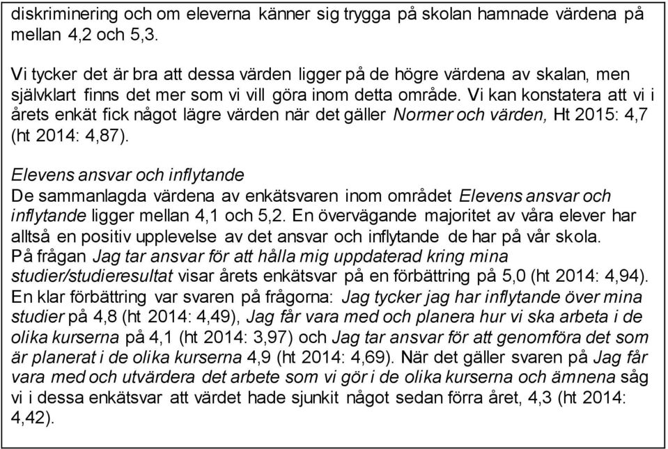 Vi kan konstatera att vi i årets enkät fick något lägre värden när det gäller, Ht 2015: 4,7 (ht 2014: 4,87).