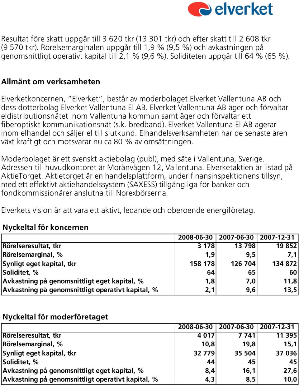 Allmänt om verksamheten Elverketkoncernen, Elverket, består av moderbolaget Elverket Vallentuna AB och dess dotterbolag Elverket Vallentuna El AB.