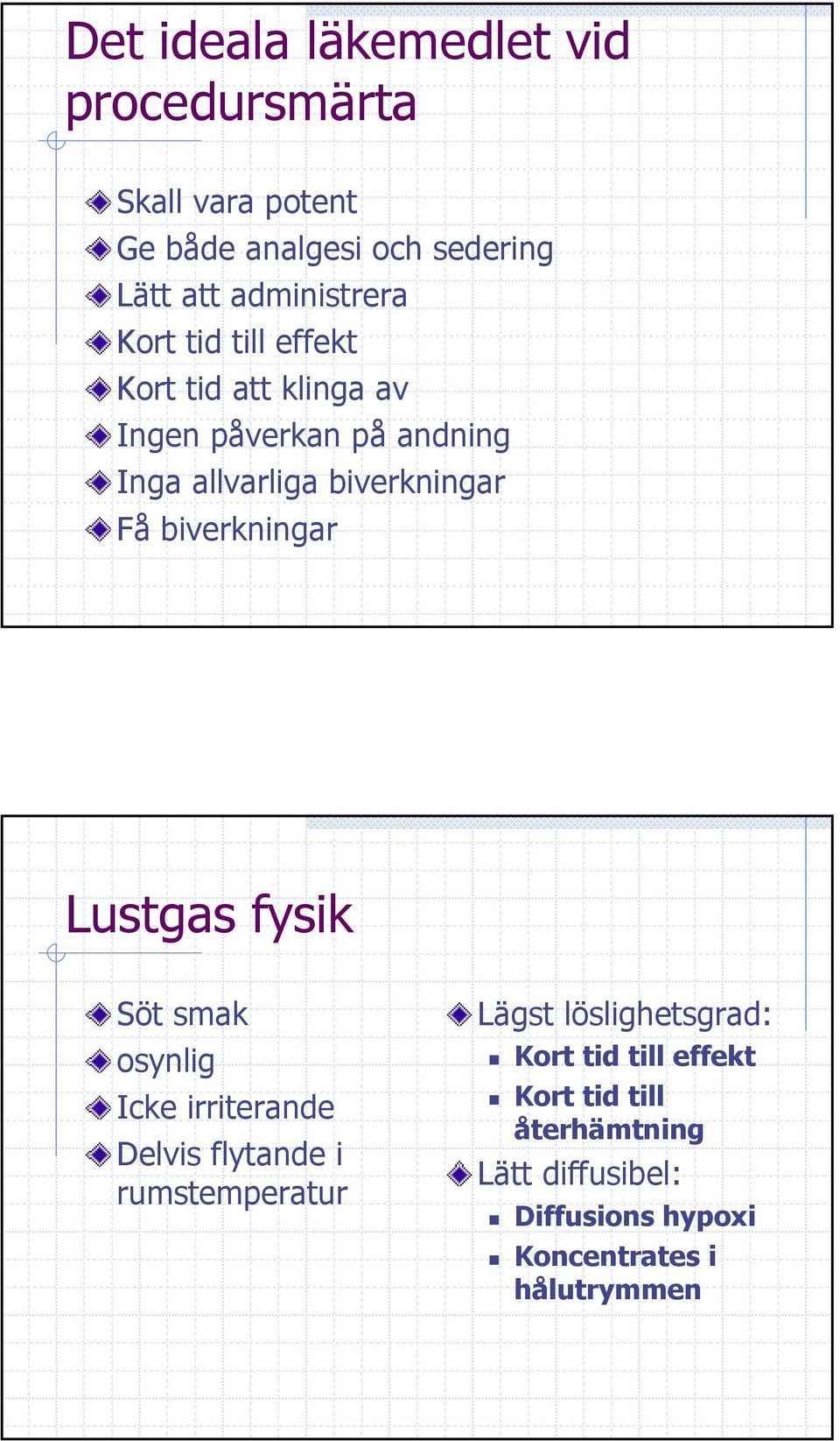 biverkningar Få biverkningar Lustgas fysik Söt smak osynlig Icke irriterande Delvis flytande i rumstemperatur