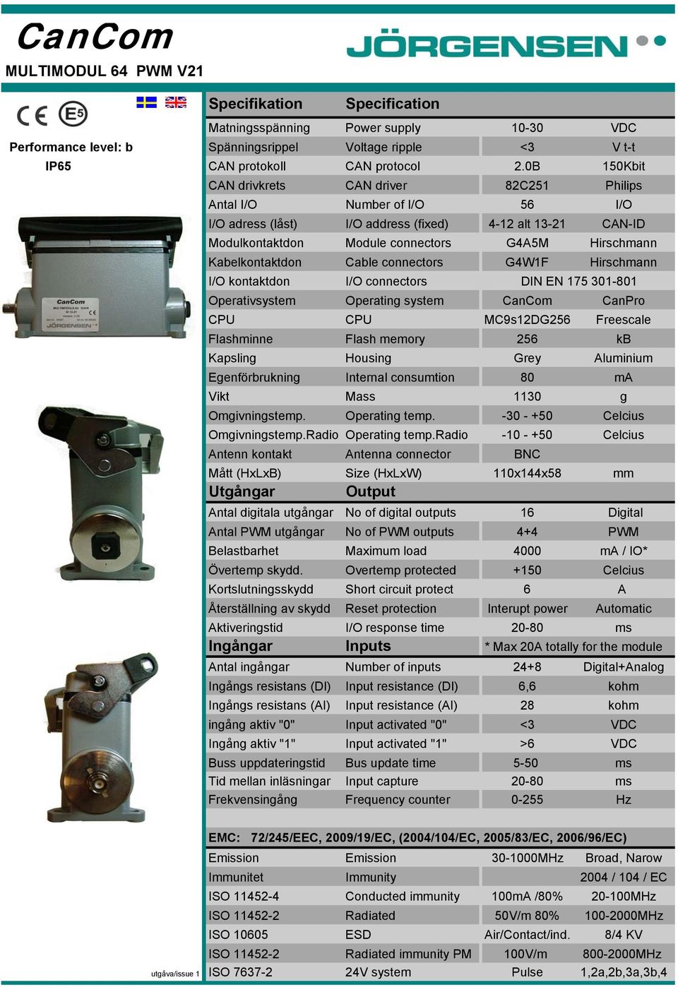 Kabelkontaktdon Cable connectors G4W1F Hirschmann I/O kontaktdon I/O connectors DIN EN 175 301-801 Operativsystem Operating system CanCom CanPro CPU CPU MC9s12DG256 Freescale Flashminne Flash memory