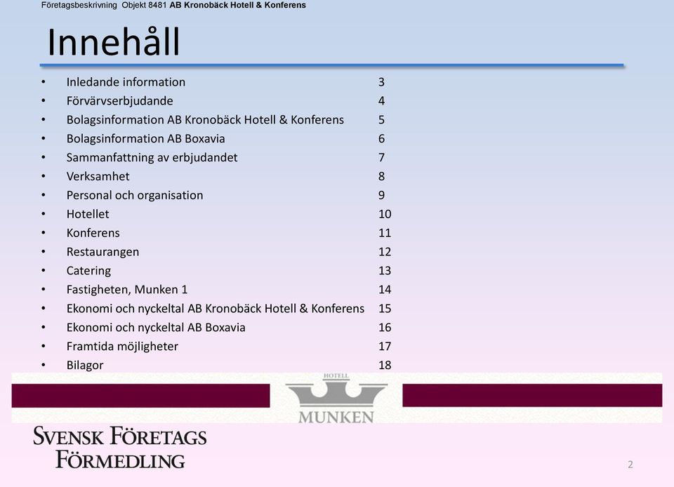 9 Hotellet 10 Konferens 11 Restaurangen 12 Catering 13 Fastigheten, Munken 1 14 Ekonomi och nyckeltal AB