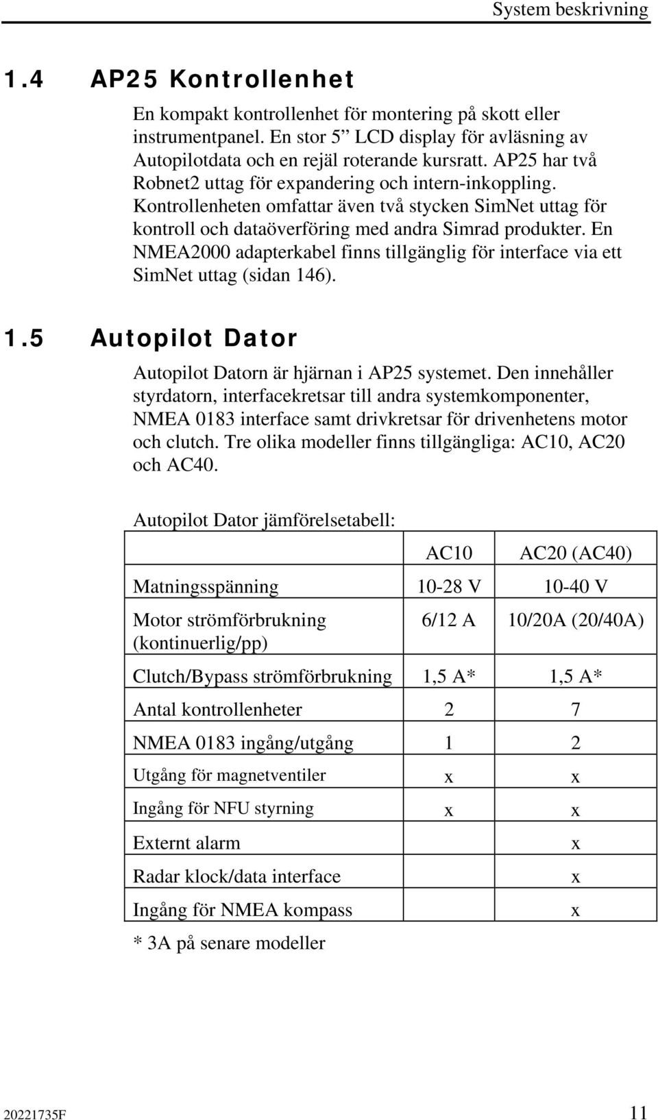 En NMEA2000 adapterkabel finns tillgänglig för interface via ett SimNet uttag (sidan 146). 1.5 Autopilot Dator Autopilot Datorn är hjärnan i AP25 systemet.