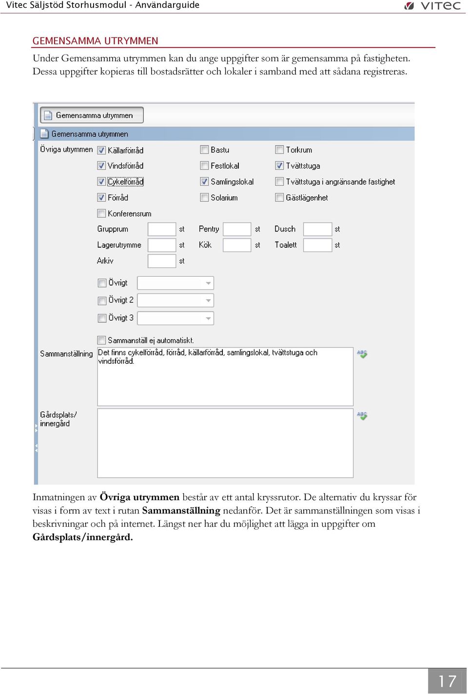 Inmatningen av Övriga utrymmen består av ett antal kryssrutor.