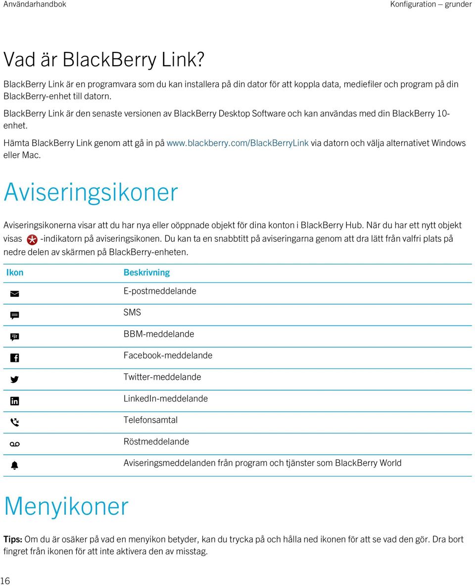 com/blackberrylink via datorn och välja alternativet Windows eller Mac. Aviseringsikoner Aviseringsikonerna visar att du har nya eller oöppnade objekt för dina konton i BlackBerry Hub.