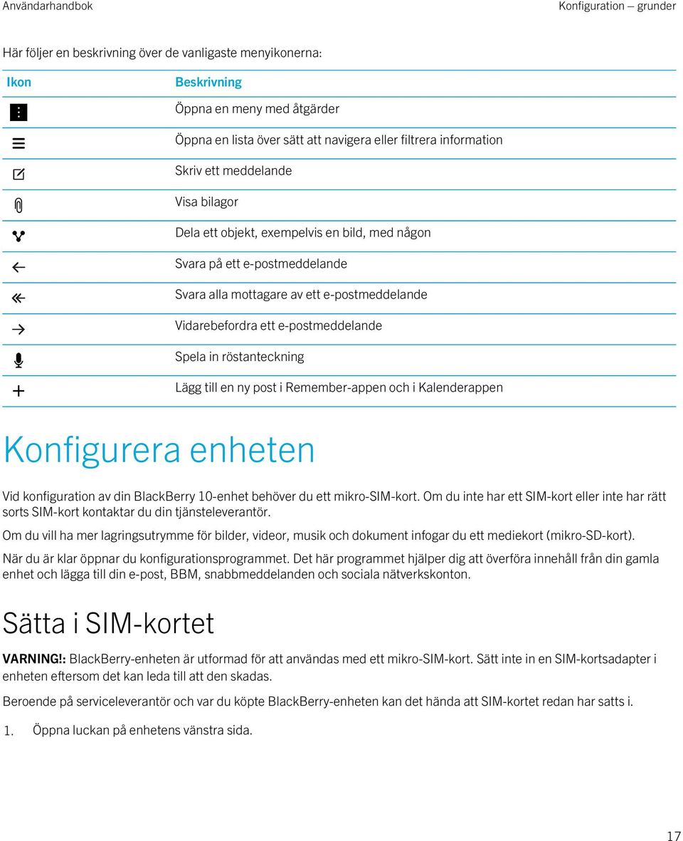 röstanteckning Lägg till en ny post i Remember-appen och i Kalenderappen Konfigurera enheten Vid konfiguration av din BlackBerry 10-enhet behöver du ett mikro-sim-kort.
