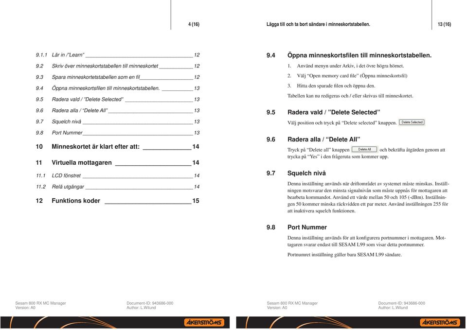 8 Port Nummer 13 10 Minneskortet är klart efter att: 14 11 Virtuella mottagaren 14 11 LCD fönstret 14 12 Relä utgångar 14 12 Funktions koder 15 9.4 9.5 9.6 9.