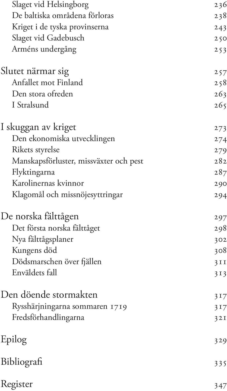 Flyktingarna 287 Karolinernas kvinnor 290 Klagomål och missnöjesyttringar 294 De norska fälttågen 297 Det första norska fälttåget 298 Nya fälttågsplaner 302 Kungens död 308