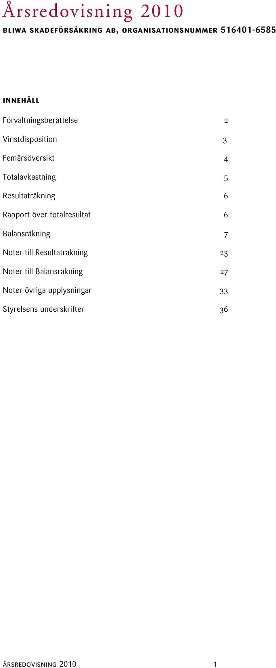 totalresultat 6 Balansräkning 7 Noter till Resultaträkning 23 Noter