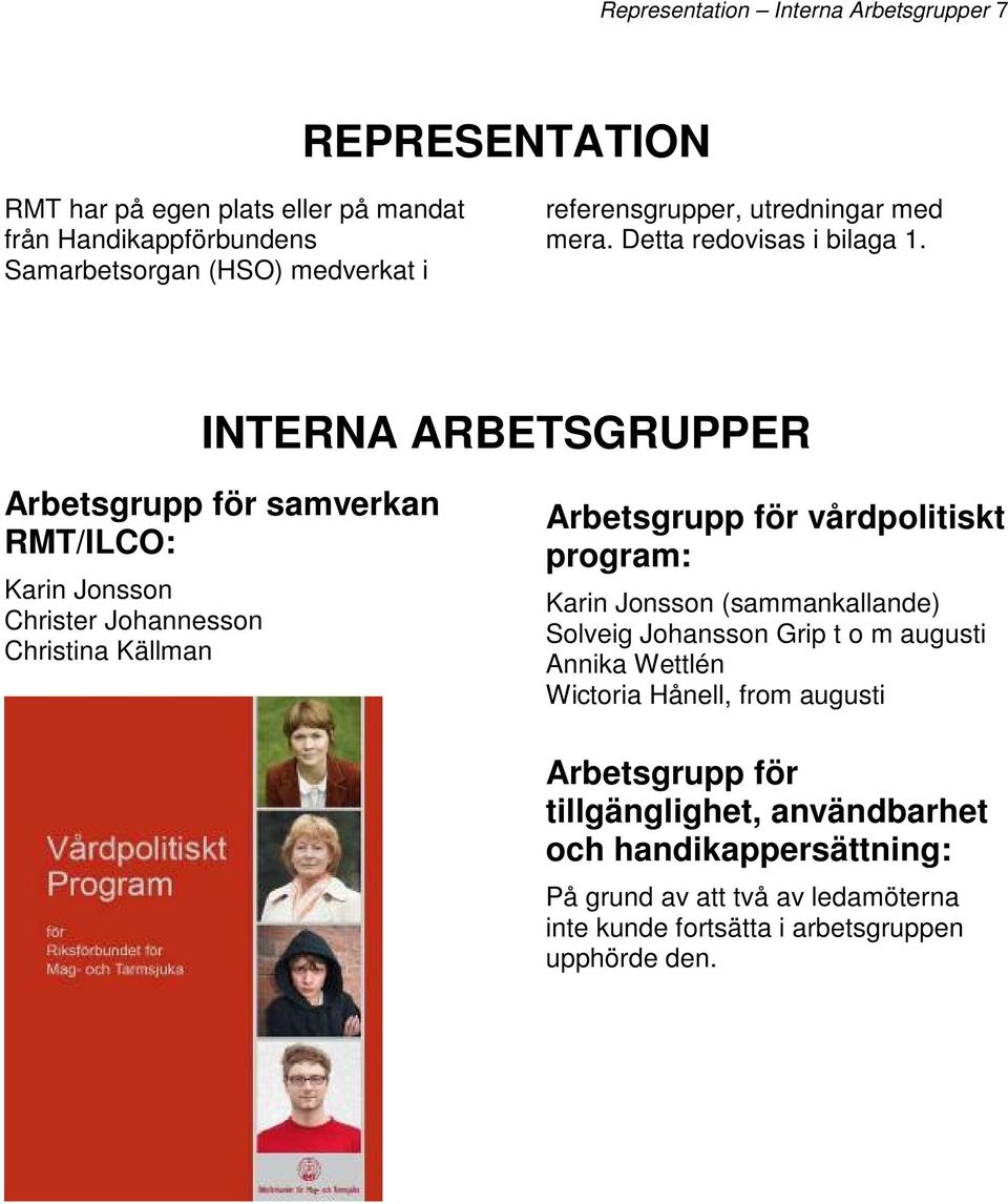 INTERNA ARBETSGRUPPER Arbetsgrupp för samverkan RMT/ILCO: Karin Jonsson Christer Johannesson Christina Källman Arbetsgrupp för vårdpolitiskt program: Karin