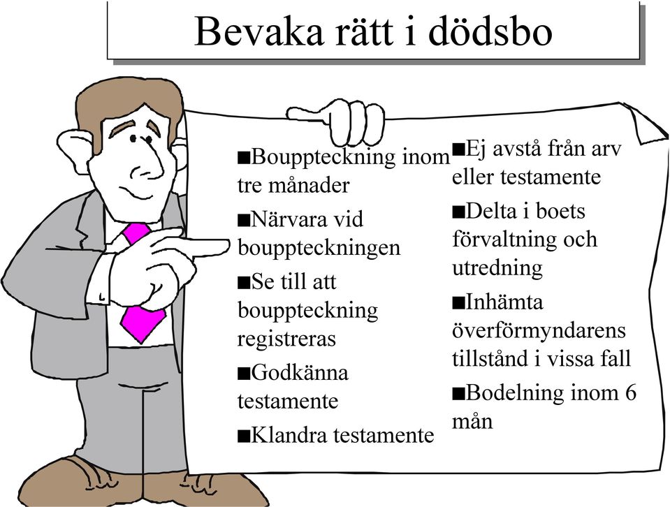 Klandra testamente Ej avstå från arv eller testamente Delta i boets