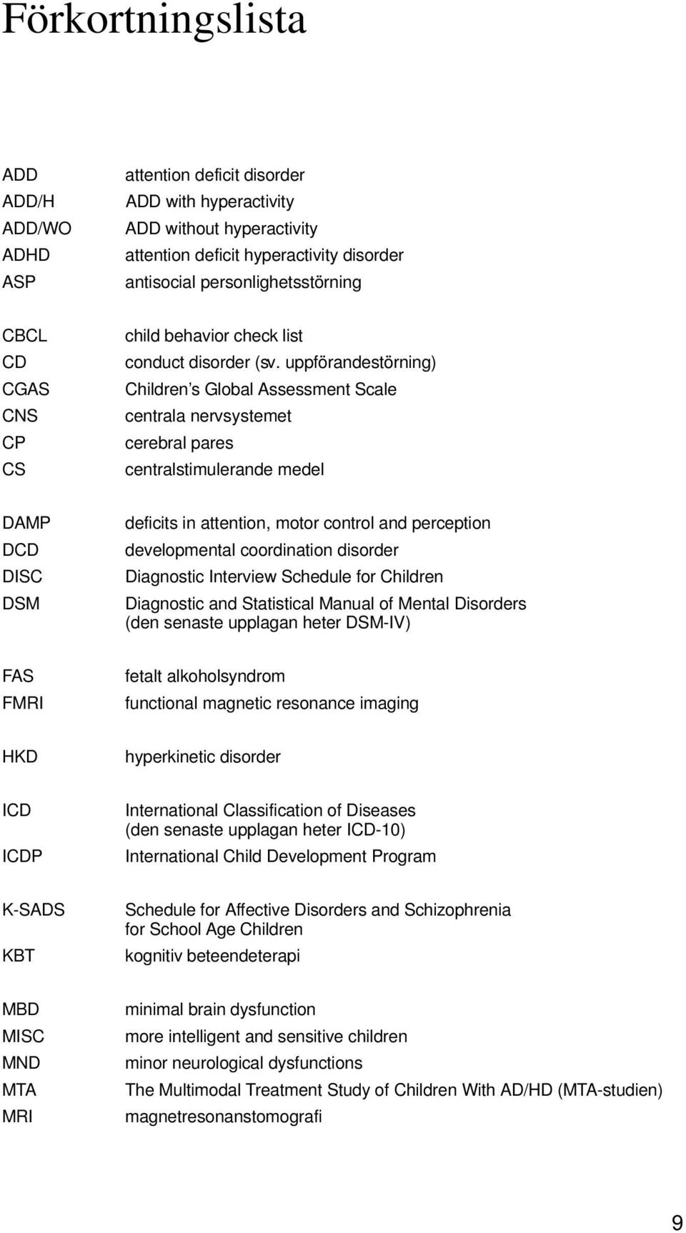 uppförandestörning) Children s Global Assessment Scale centrala nervsystemet cerebral pares centralstimulerande medel DAMP DCD DISC DSM deficits in attention, motor control and perception