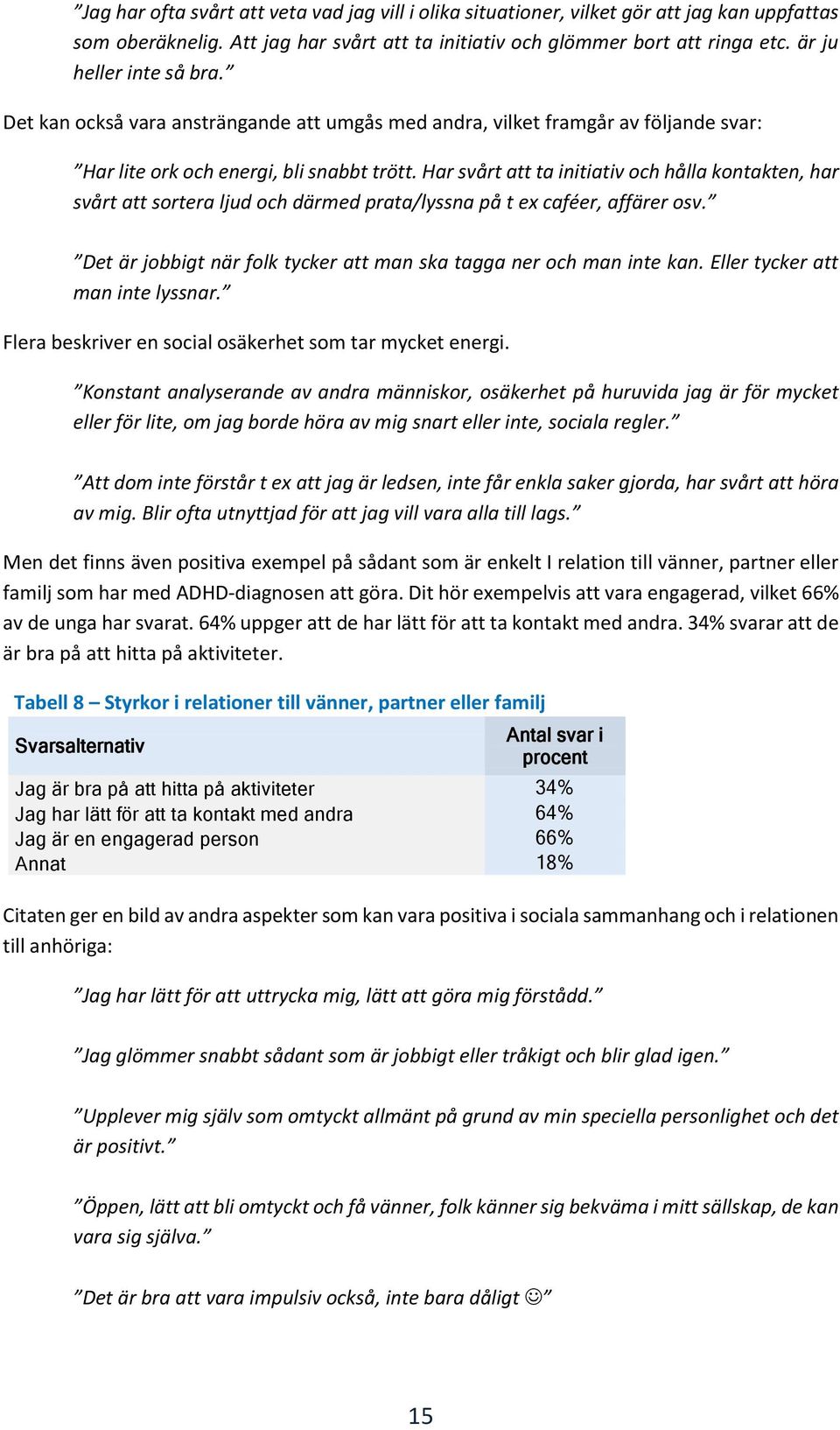 Har svårt att ta initiativ och hålla kontakten, har svårt att sortera ljud och därmed prata/lyssna på t ex caféer, affärer osv. Det är jobbigt när folk tycker att man ska tagga ner och man inte kan.