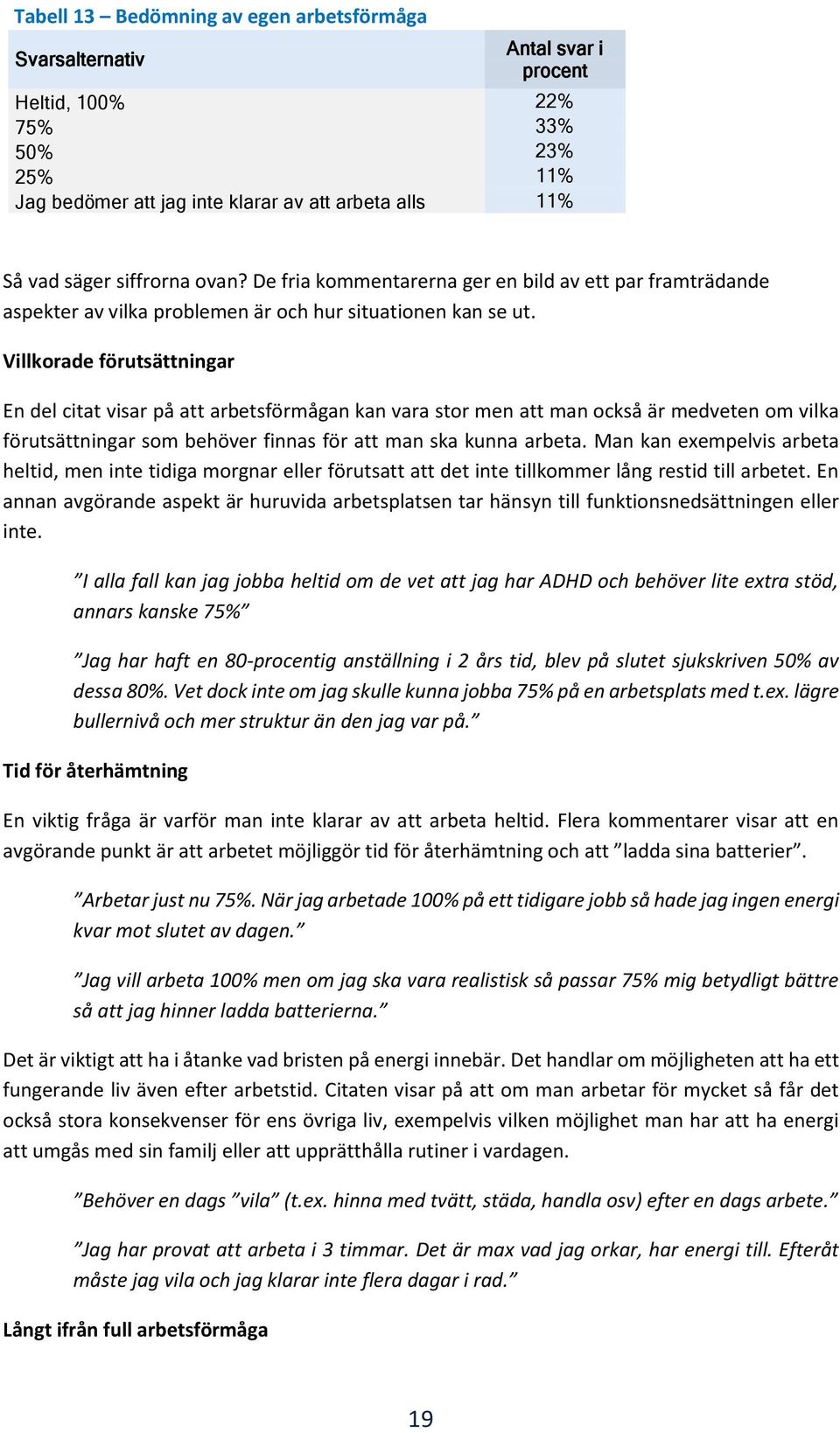 Villkorade förutsättningar En del citat visar på att arbetsförmågan kan vara stor men att man också är medveten om vilka förutsättningar som behöver finnas för att man ska kunna arbeta.