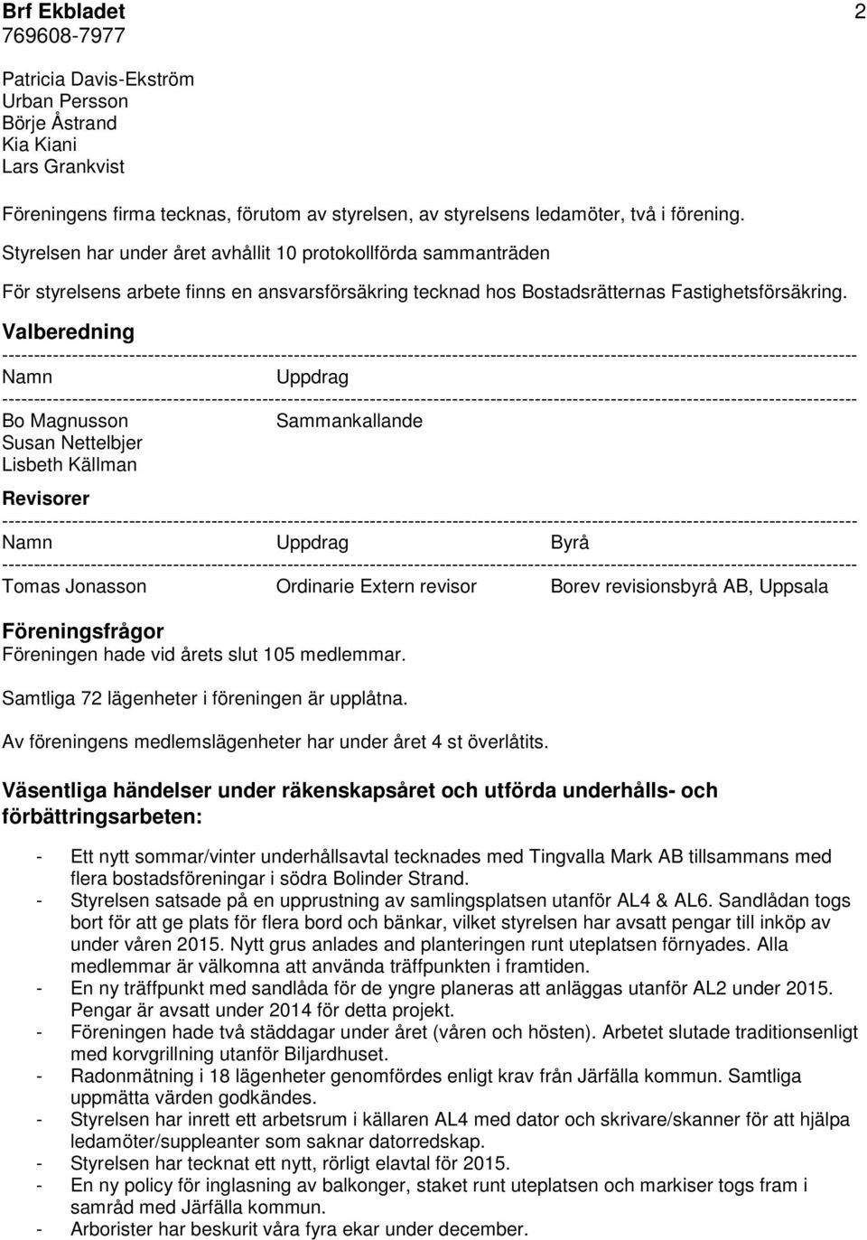 Valberedning Namn Uppdrag Bo Magnusson Sammankallande Susan Nettelbjer Lisbeth Källman Revisorer Namn Uppdrag Byrå Tomas Jonasson Ordinarie Extern revisor Borev revisionsbyrå AB, Uppsala