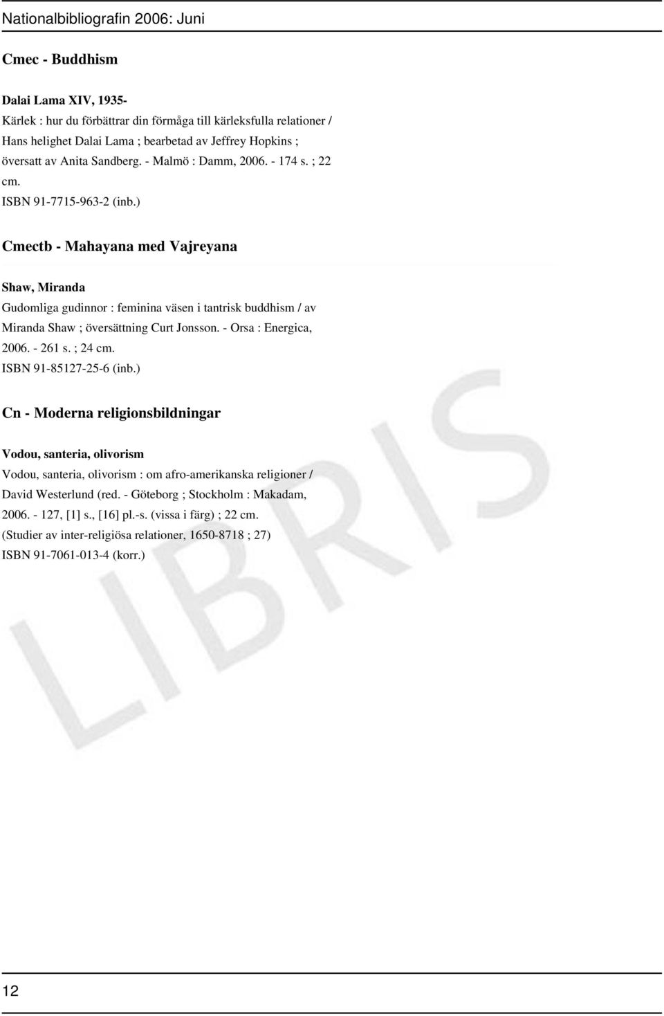 ) Cmectb - Mahayana med Vajreyana Shaw, Miranda Gudomliga gudinnor : feminina väsen i tantrisk buddhism / av Miranda Shaw ; översättning Curt Jonsson. - Orsa : Energica, 2006. - 261 s. ; 24 cm.