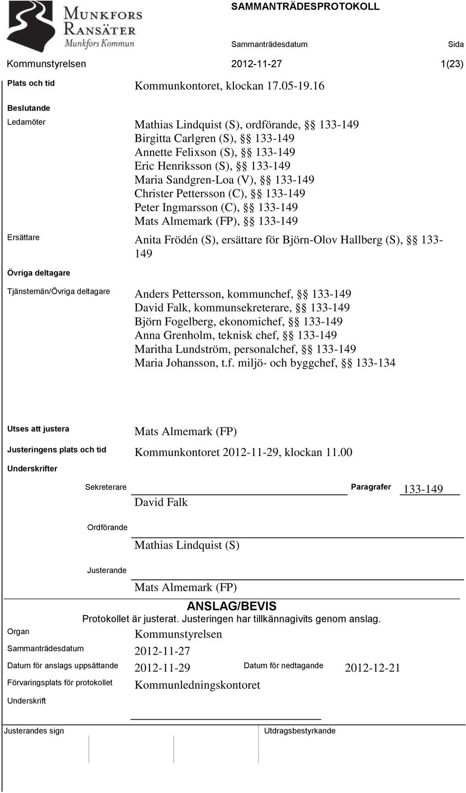 Pettersson (C), 133-149 Peter Ingmarsson (C), 133-149 Mats Almemark (FP), 133-149 Ersättare Anita Frödén (S), ersättare för Björn-Olov Hallberg (S), 133-149 Övriga deltagare Tjänstemän/Övriga