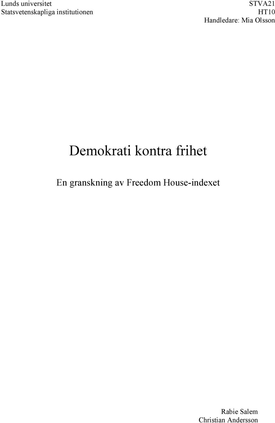 Olsson Demokrati kontra frihet En granskning