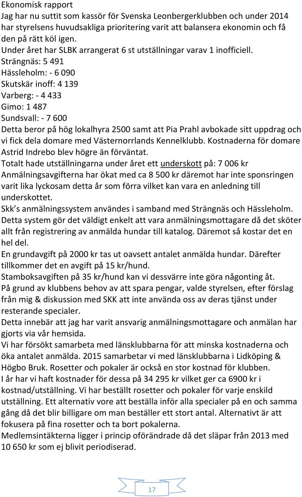 Strängnäs: 5 491 Hässleholm: - 6 090 Skutskär inoff: 4 139 Varberg: - 4 433 Gimo: 1 487 Sundsvall: - 7 600 Detta beror på hög lokalhyra 2500 samt att Pia Prahl avbokade sitt uppdrag och vi fick dela