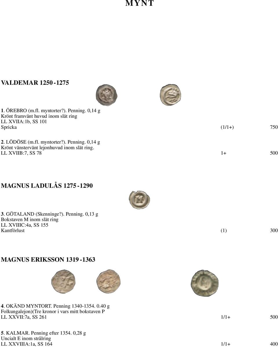 OKÄND MYNTORT. Penning 1340-1354. 0.40 g Folkungalejon)(Tre kronor i vars mitt bokstaven P LL XXVII:7a, SS 261 1/1+ 500 5. KALMAR. Penning efter 1354.