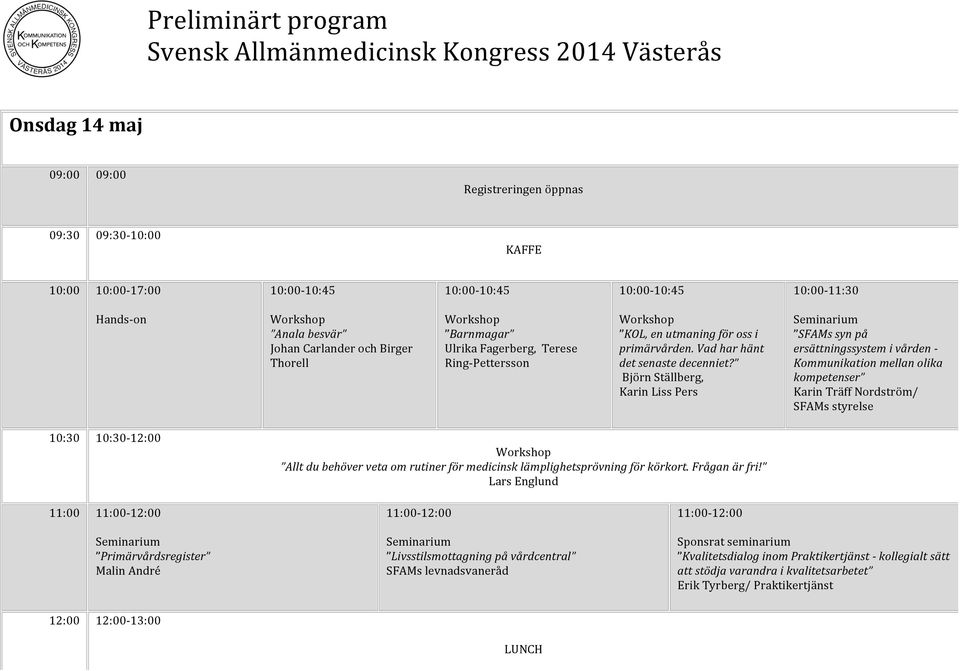 Björn Ställberg, Karin Liss Pers SFAMs syn på ersättningssystem i vården - Kommunikation mellan olika kompetenser Karin Träff Nordström/ SFAMs styrelse 10:30 10:30-12:00 Allt du behöver veta om