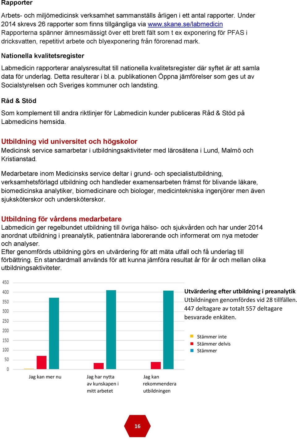 Nationella kvalitetsregister Labmedicin rapporterar analysresultat till nationella kvalitetsregister där syftet är att samla data för underlag. Detta resulterar i bl.a. publikationen Öppna jämförelser som ges ut av Socialstyrelsen och Sveriges kommuner och landsting.