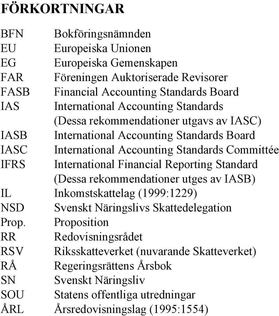 International Financial Reporting Standard (Dessa rekommendationer utges av IASB) IL Inkomstskattelag (1999:1229) NSD Svenskt Näringslivs Skattedelegation Prop.