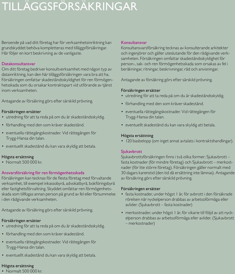 Försäkringen omfattar skadeståndsskyldighet för ren förmögenhetsskada som du orsakar kontraktspart vid utförande av tjänst inom verksamheten. Antagande av försäkring görs efter särskild prövning.