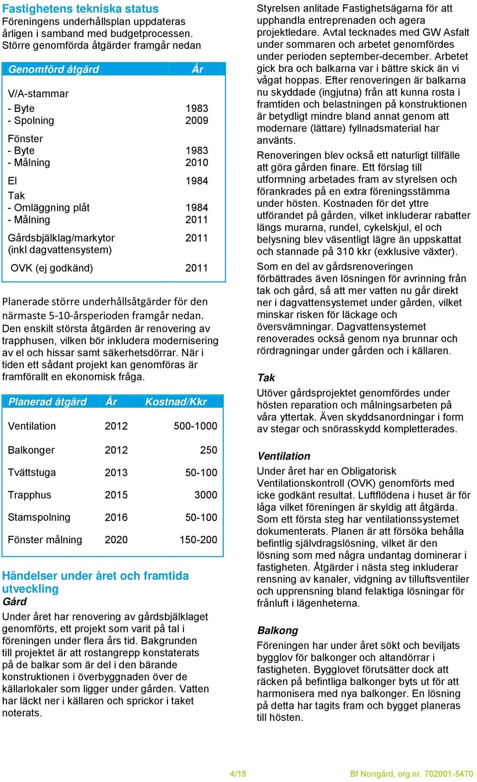 Gårdsbjälklag/markytor (inkl dagvattensystem) 2011 OVK (ej godkänd) 2011 Planerade större underhållsåtgärder för den närmaste 5-10-årsperioden framgår nedan.