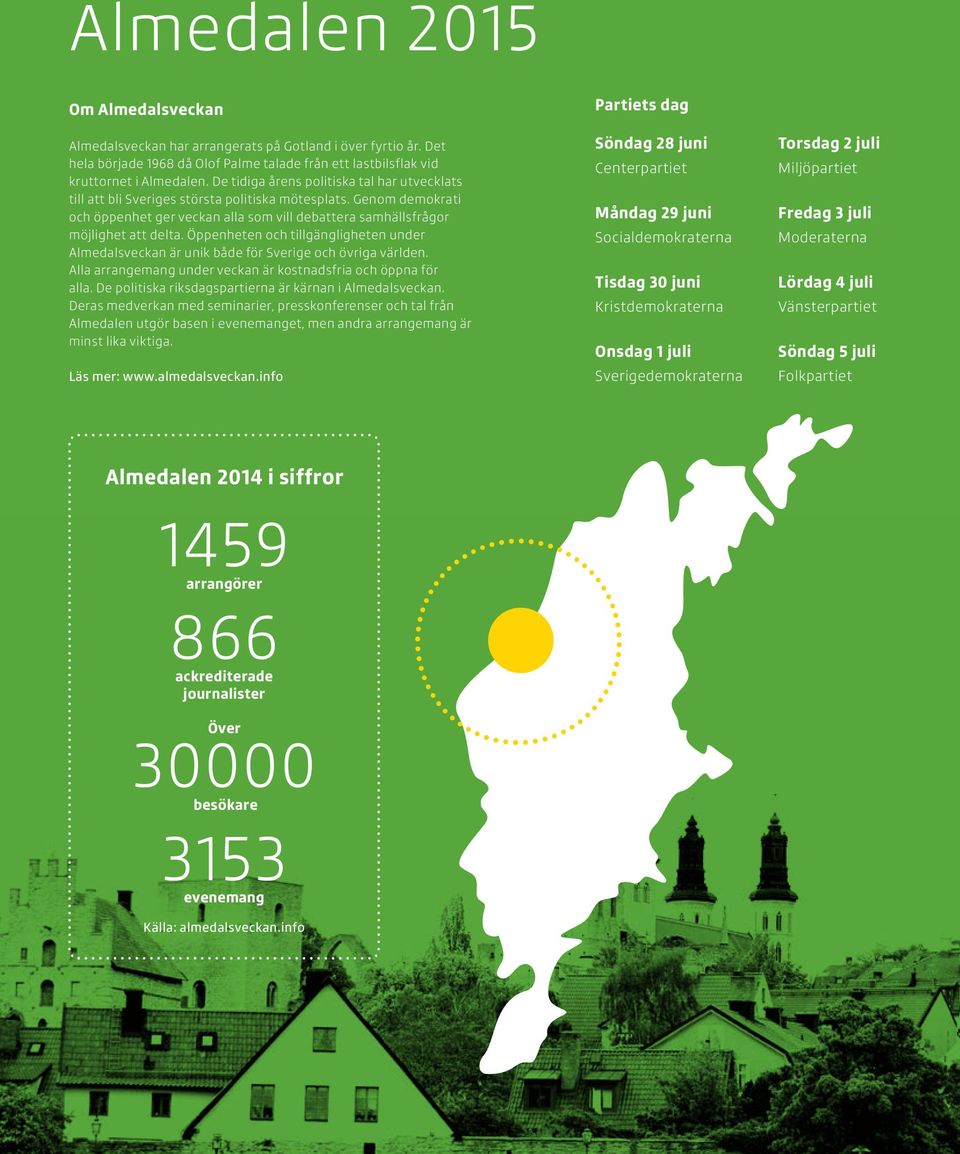 Öppenheten och tillgängligheten under Almedalsveckan är unik både för Sverige och övriga världen. Alla arrangemang under veckan är kostnadsfria och öppna för alla.