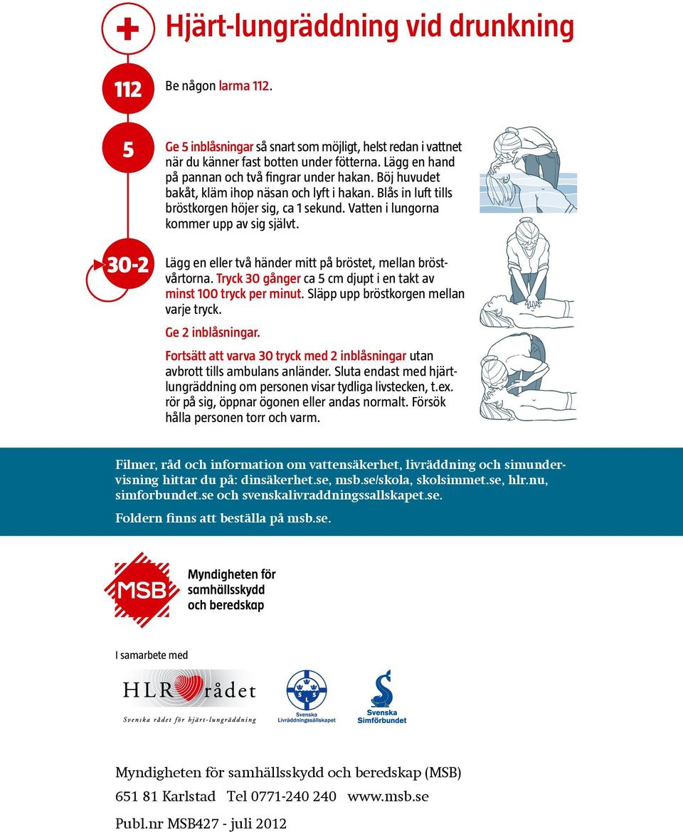 Vatten i lungorna kommer upp av sig självt. 30-2 Lägg en eller två händer mitt på bröstet, mellan bröstvårtorna. Tryck 30 gånger ca 5 cm djupt i en takt av minst 100 tryck per minut.