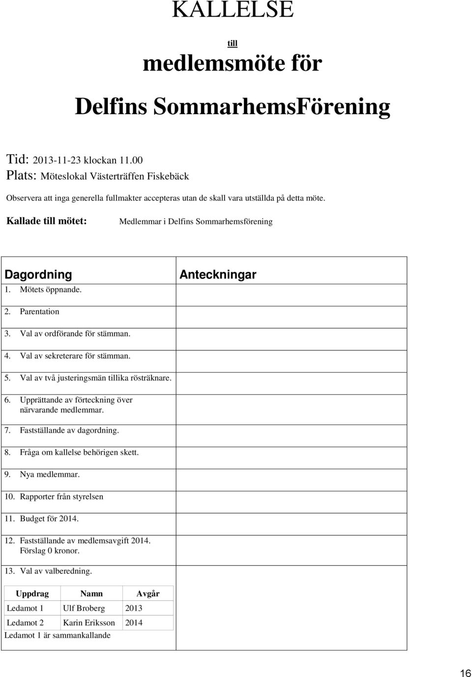 Kallade till mötet: Medlemmar i Delfins Sommarhemsförening Dagordning 1. Mötets öppnande. Anteckningar 2. Parentation 3. Val av ordförande för stämman. 4. Val av sekreterare för stämman. 5.