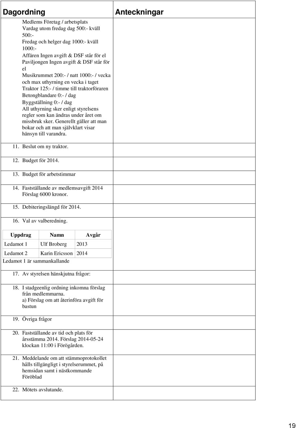styrelsens regler som kan ändras under året om missbruk sker. Generellt gäller att man bokar och att man självklart visar hänsyn till varandra. Anteckningar 11. Beslut om ny traktor. 12.