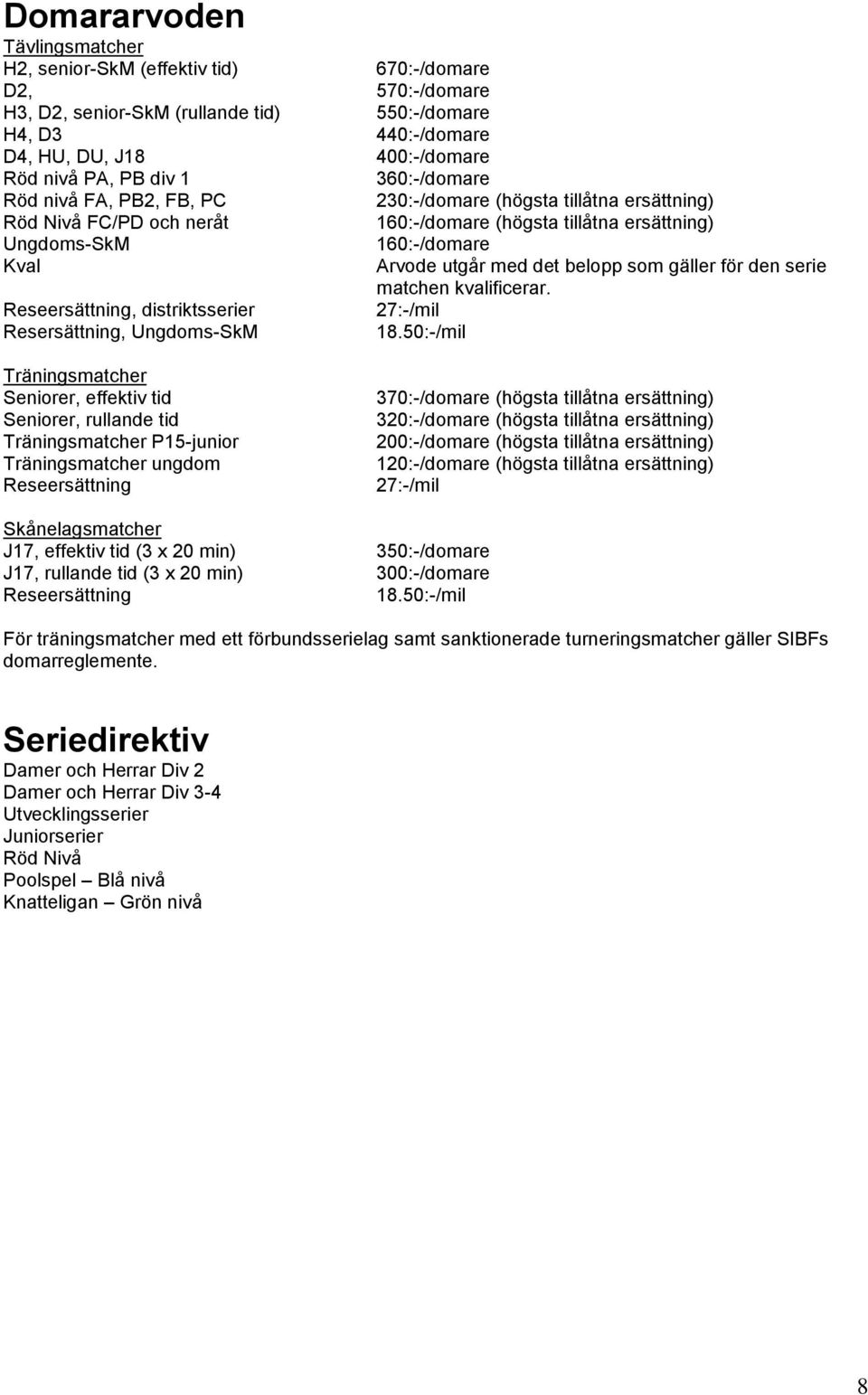 med det belopp som gäller för den serie matchen kvalificerar. Reseersättning, distriktsserier 27:-/mil Resersättning, Ungdoms-SkM 18.