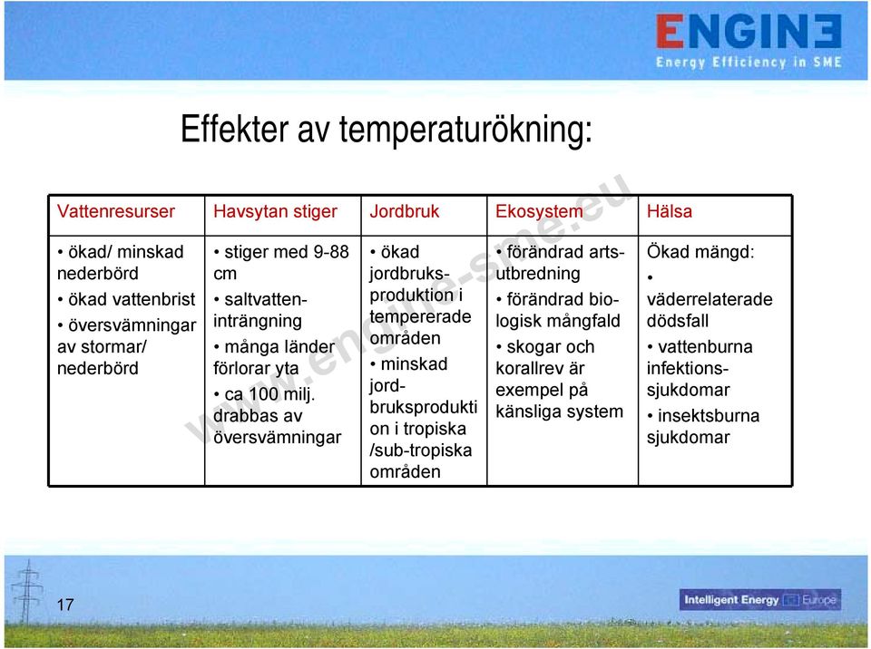 drabbas av översvämningar ökad jordbruksproduktion i tempererade områden minskad jordbruksprodukti on i tropiska /sub-tropiska områden förändrad