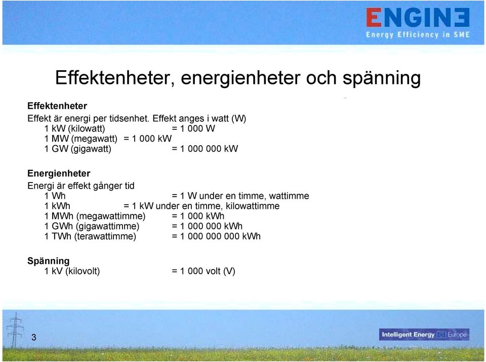 Energienheter Energi är effekt gånger tid 1 Wh = 1 W under en timme, wattimme 1 kwh = 1 kw under en timme,