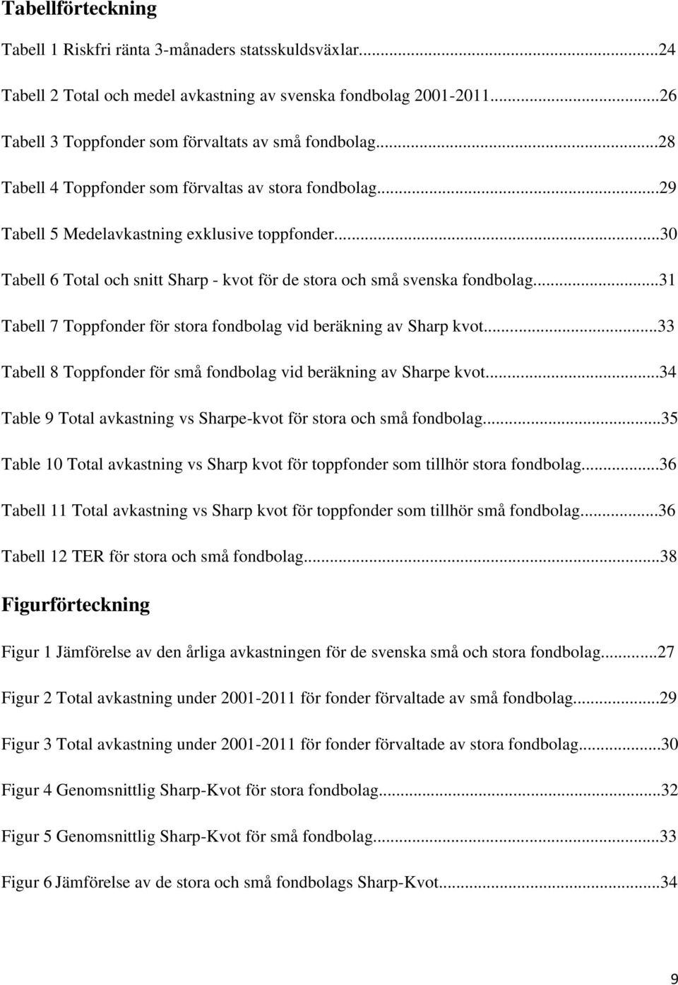 ..31 Tabell 7 Toppfonder för stora fondbolag vid beräkning av Sharp kvot...33 Tabell 8 Toppfonder för små fondbolag vid beräkning av Sharpe kvot.