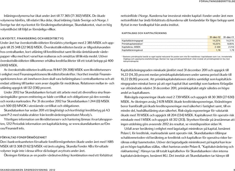 LIKVIDItet, finansiering och kreditbetyg Under året har överskottslikviditeten förstärkts ytterligare med 2 385 MSEK och uppgick till 25 348 (22 963) MSEK.